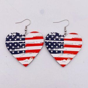Independence Day 4th Of July Wooden Heart Shaped Ear Rings Patriotic